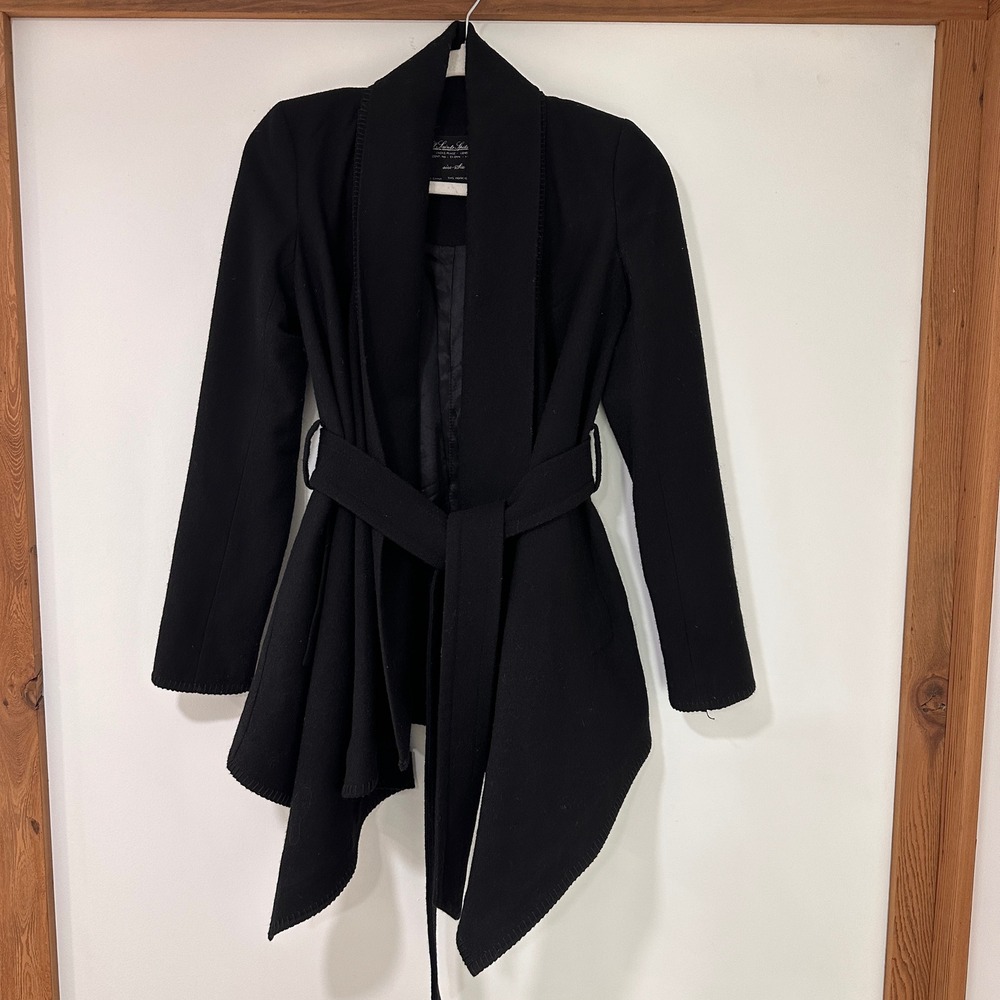 AllSaints Gigi Wool Wrap Coat Womens Size 6 Black Belted Shawl‎ Quiet Luxury